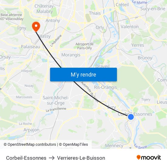 Corbeil-Essonnes to Verrieres-Le-Buisson map