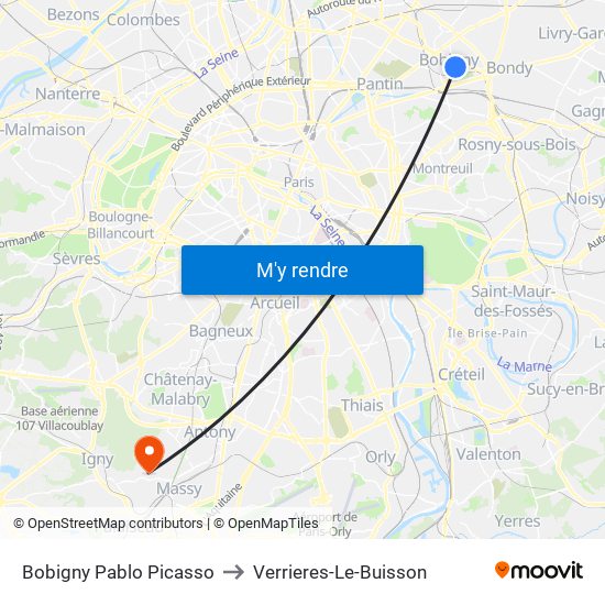 Bobigny Pablo Picasso to Verrieres-Le-Buisson map