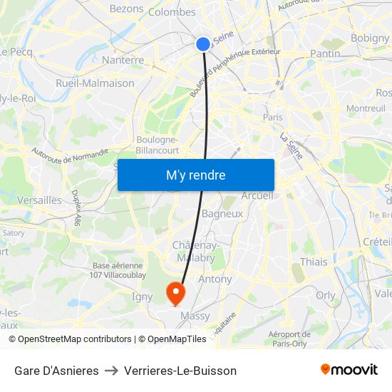 Gare D'Asnieres to Verrieres-Le-Buisson map