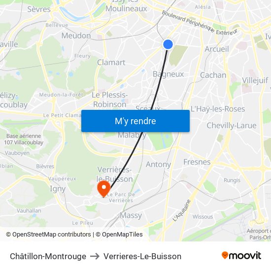 Châtillon-Montrouge to Verrieres-Le-Buisson map