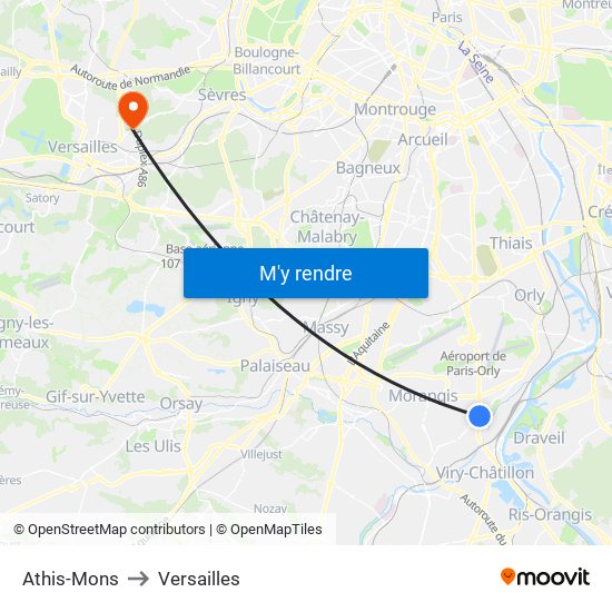 Athis-Mons to Versailles map