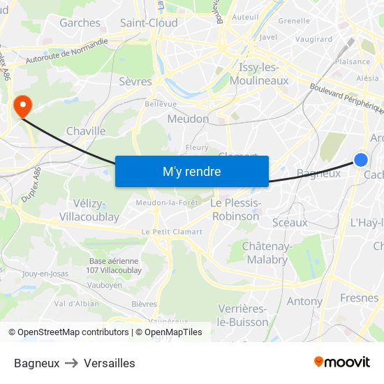 Bagneux to Versailles map