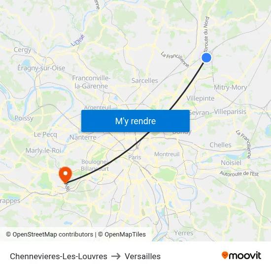Chennevieres-Les-Louvres to Versailles map