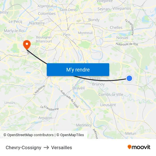 Chevry-Cossigny to Versailles map