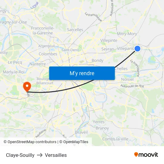 Claye-Souilly to Versailles map