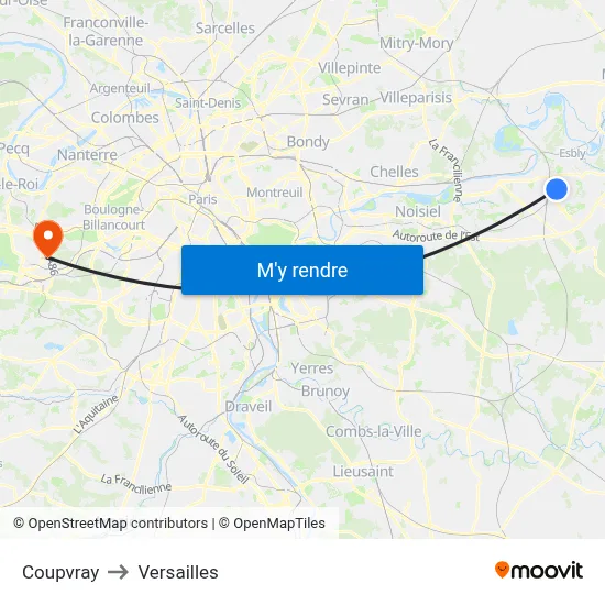 Coupvray to Versailles map