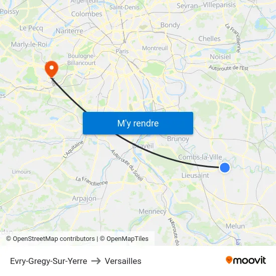 Evry-Gregy-Sur-Yerre to Versailles map
