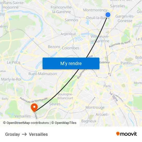 Groslay to Versailles map