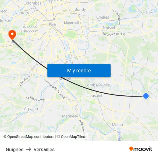 Guignes to Versailles map