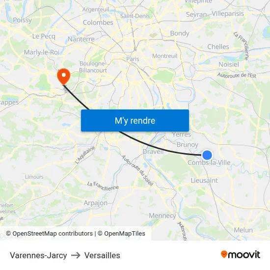 Varennes-Jarcy to Versailles map