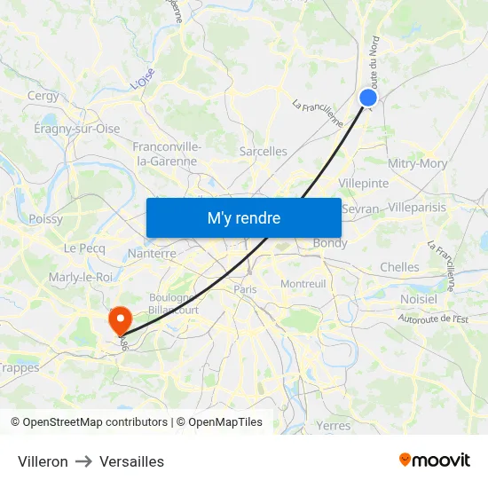 Villeron to Versailles map