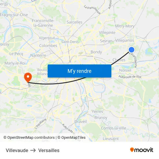 Villevaude to Versailles map