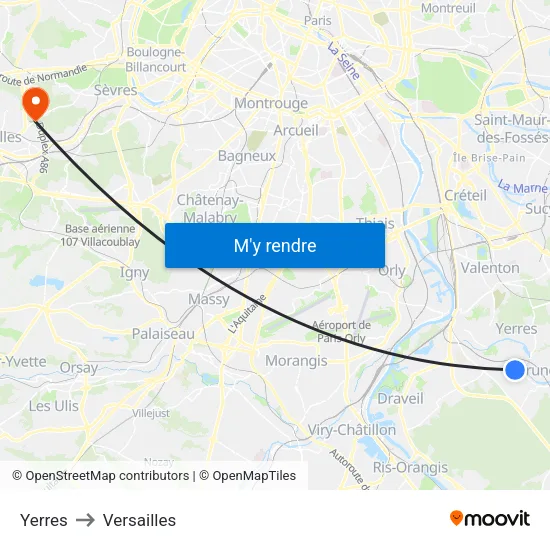 Yerres to Versailles map