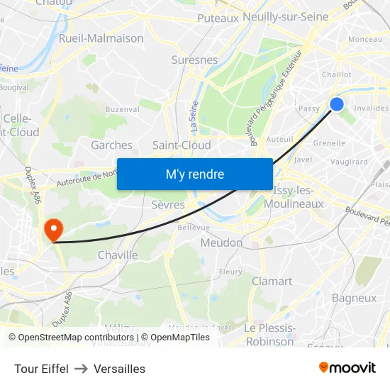 Eiffel Tower to Versailles map