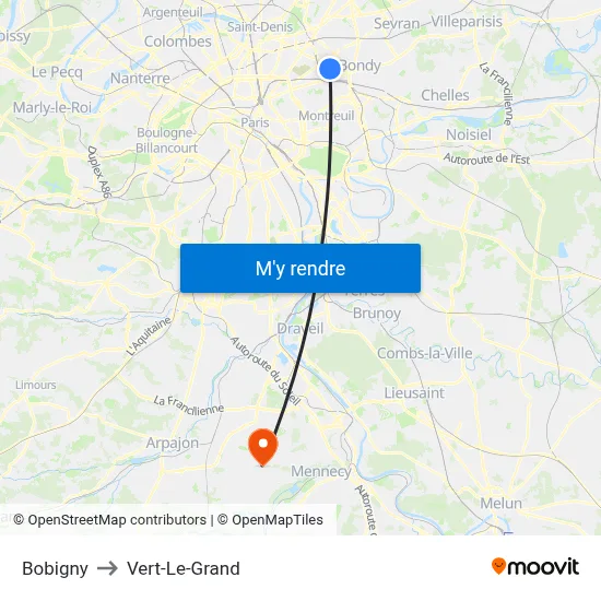 Bobigny to Vert-Le-Grand map