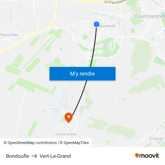 Bondoufle to Vert-Le-Grand map
