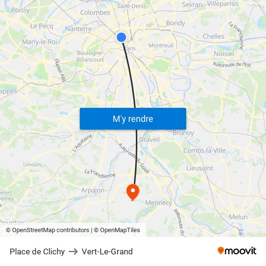 Place de Clichy to Vert-Le-Grand map