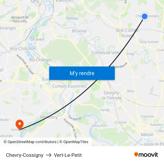 Chevry-Cossigny to Vert-Le-Petit map