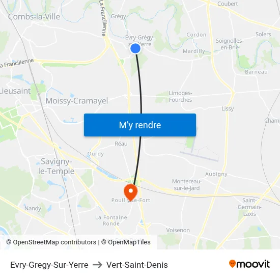 Evry-Gregy-Sur-Yerre to Vert-Saint-Denis map