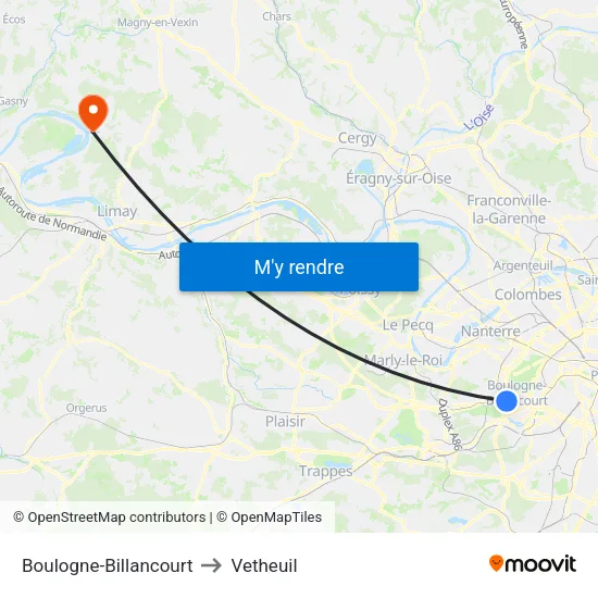 Boulogne-Billancourt to Vetheuil map