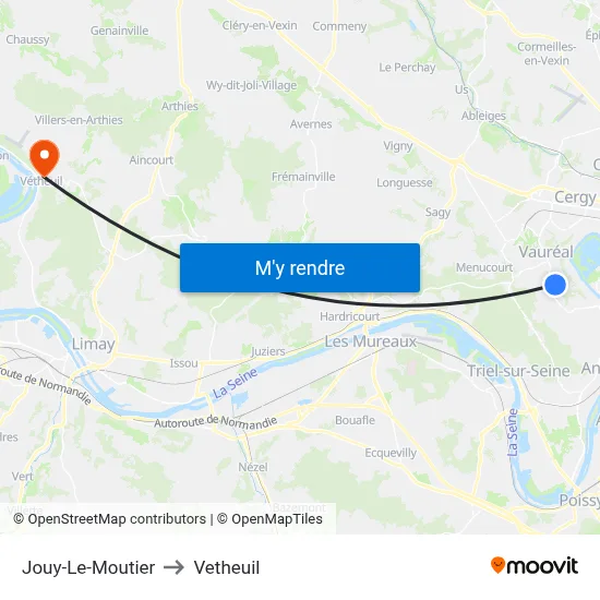 Jouy-Le-Moutier to Vetheuil map