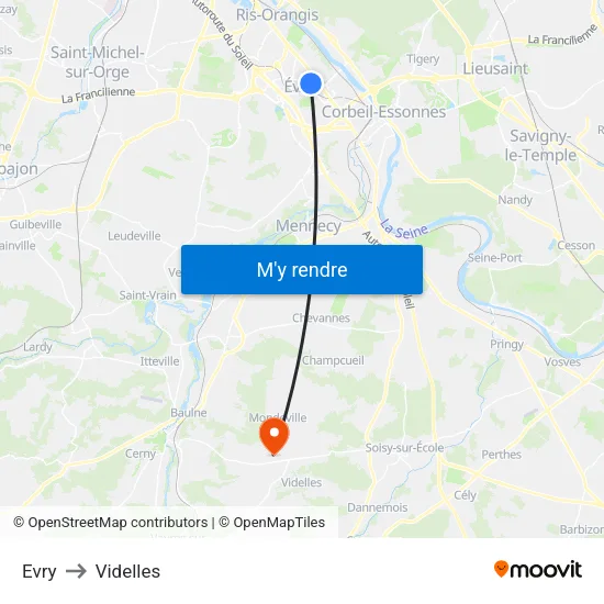 Evry to Videlles map