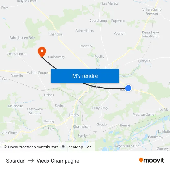 Sourdun to Vieux-Champagne map