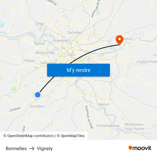 Bonnelles to Vignely map