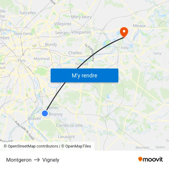 Montgeron to Vignely map