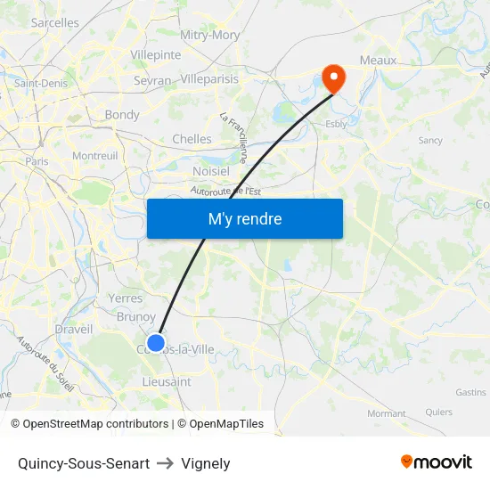 Quincy-Sous-Senart to Vignely map