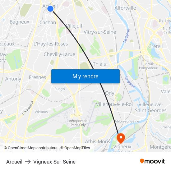 Arcueil to Vigneux-Sur-Seine map