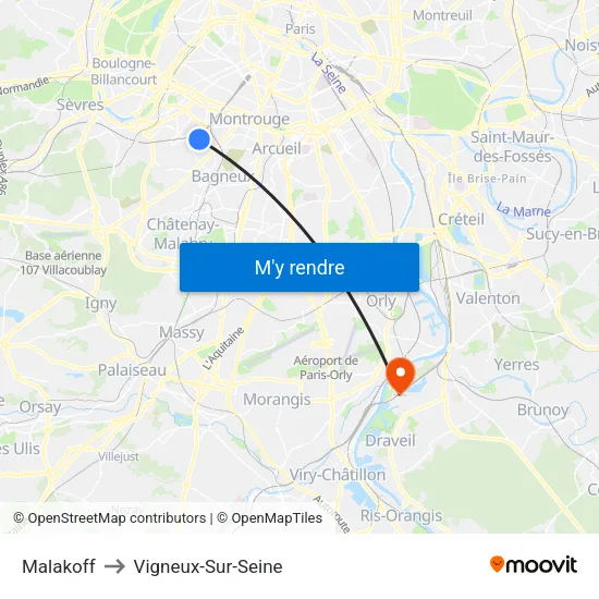 Malakoff to Vigneux-Sur-Seine map