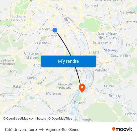 Cité Universitaire to Vigneux-Sur-Seine map