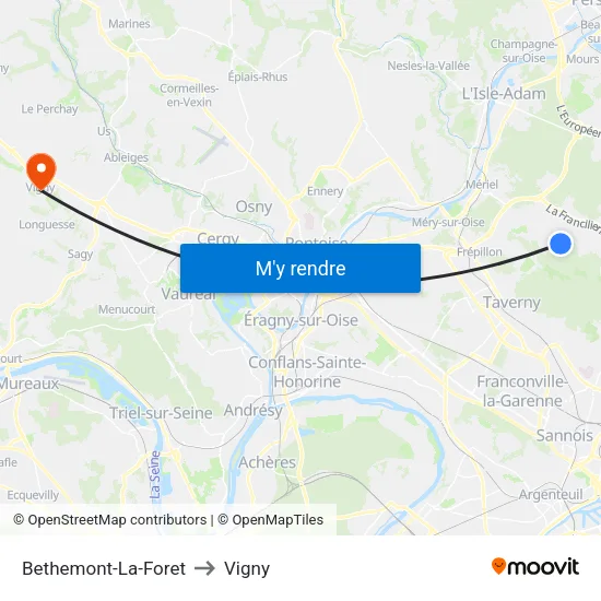 Bethemont-La-Foret to Vigny map