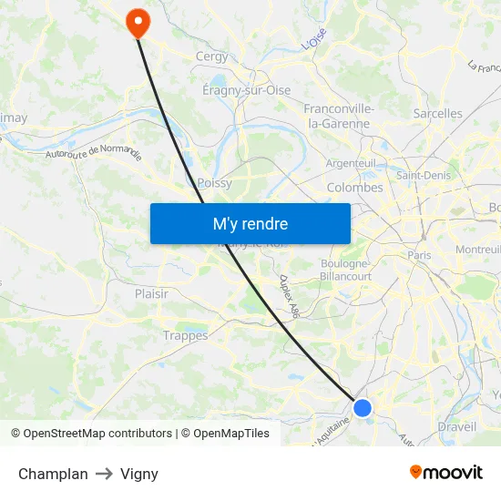 Champlan to Vigny map
