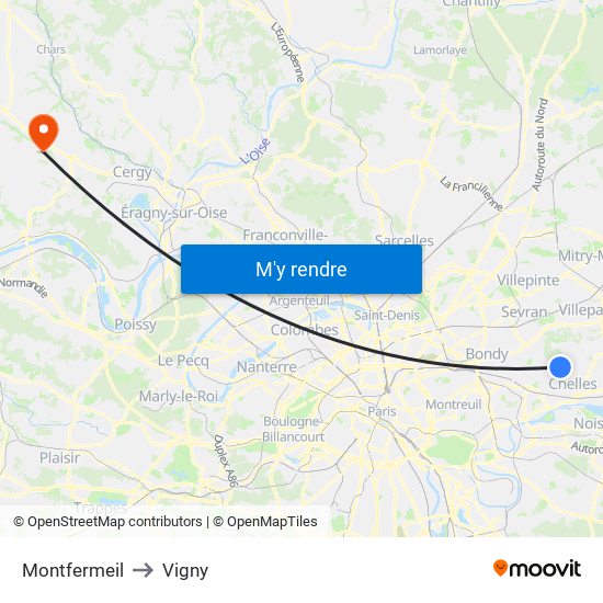 Montfermeil to Vigny map