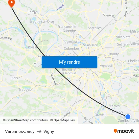 Varennes-Jarcy to Vigny map