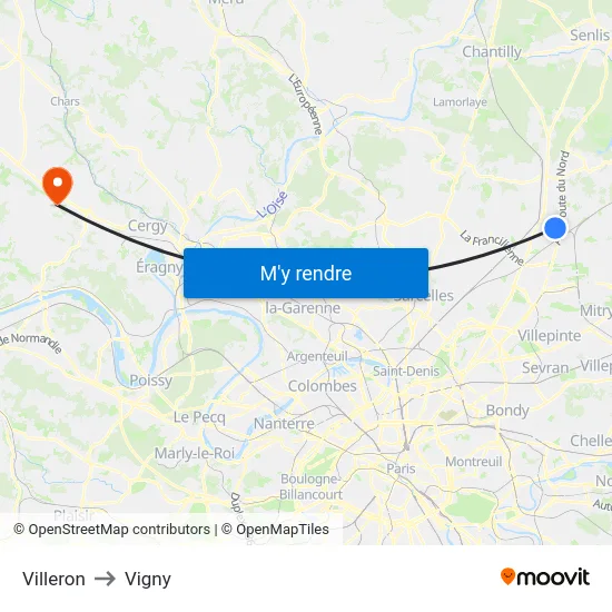 Villeron to Vigny map
