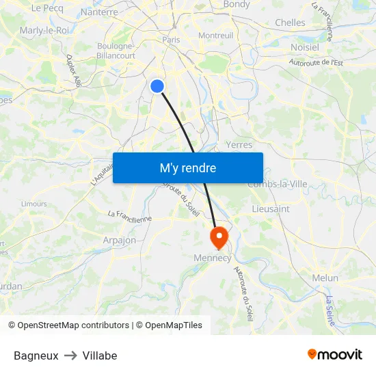 Bagneux to Villabe map