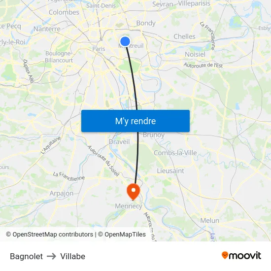 Bagnolet to Villabe map