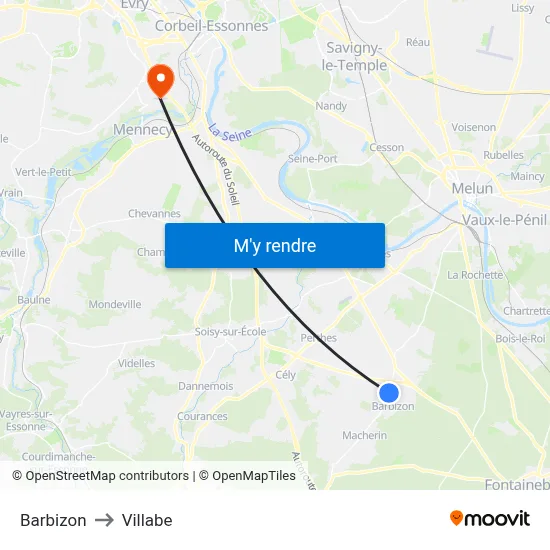 Barbizon to Villabe map