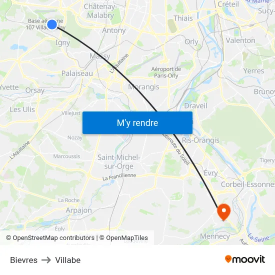 Bievres to Villabe map