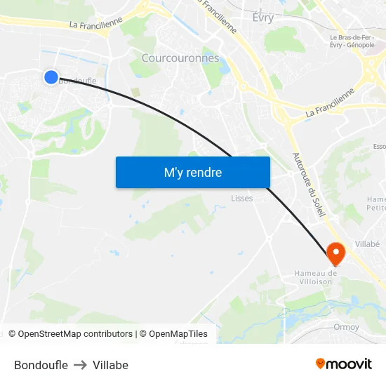Bondoufle to Villabe map