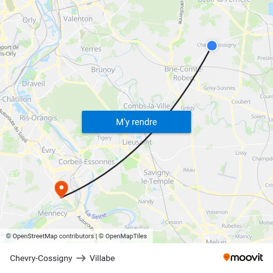 Chevry-Cossigny to Villabe map