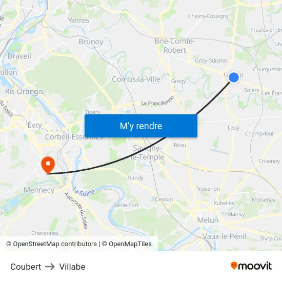 Coubert to Villabe map