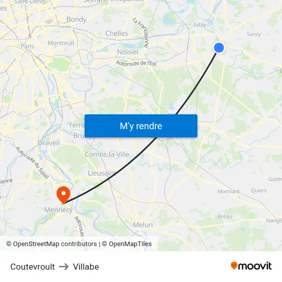 Coutevroult to Villabe map