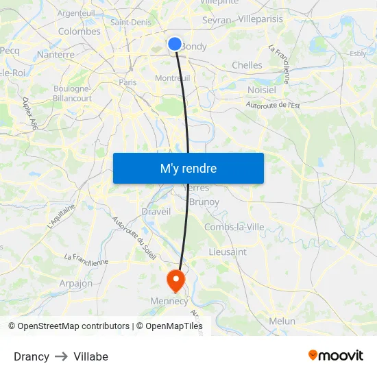 Drancy to Villabe map