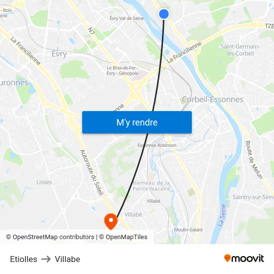 Etiolles to Villabe map
