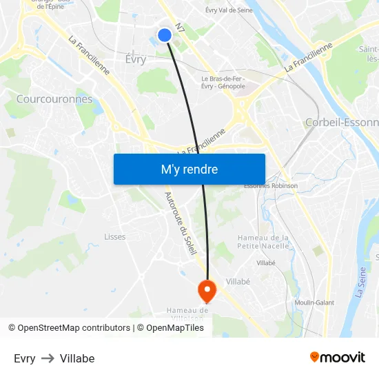 Evry to Villabe map