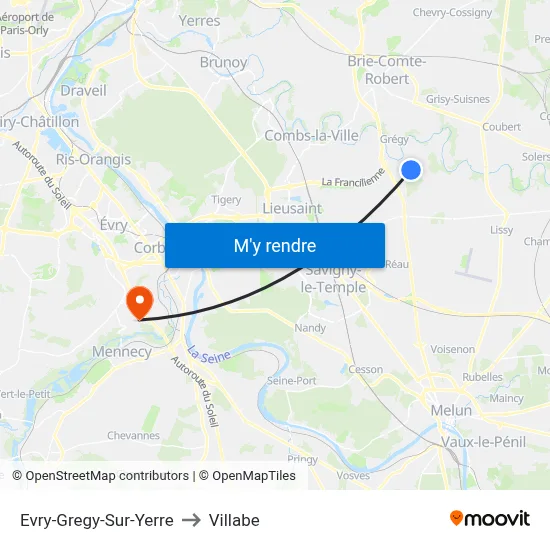 Evry-Gregy-Sur-Yerre to Villabe map